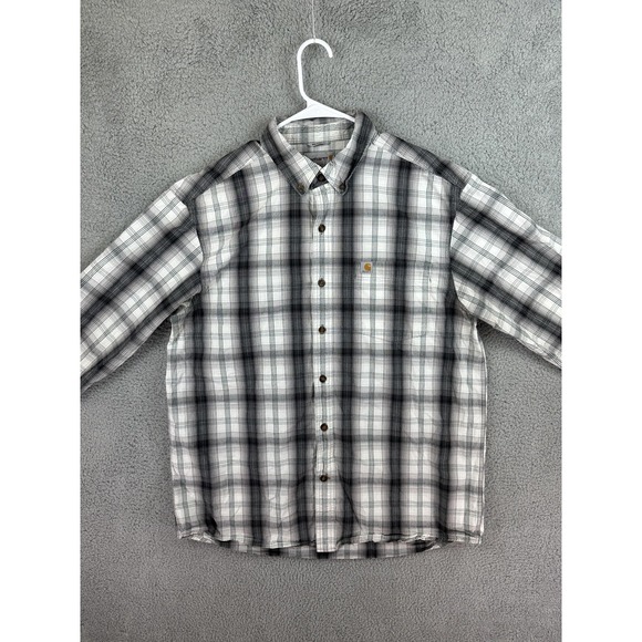 Carhartt Shirt Mens Large Gray Black White Plaid Button Down Relaxed Fit Cotton